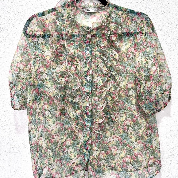 Zara Floral Sheer with floral design Blouse small - Picture 4 of 10